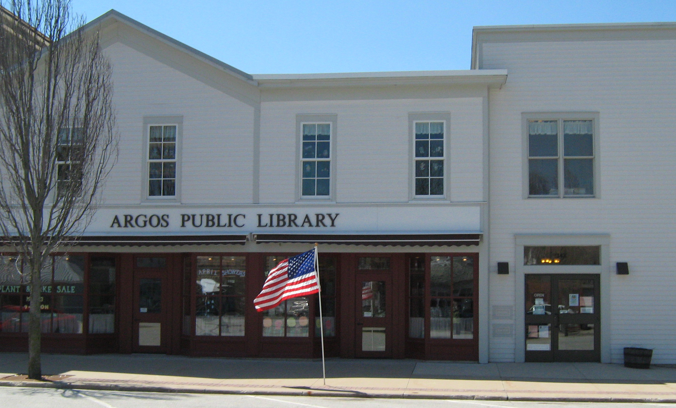 Exterior of Argos Public Library building with entrance and front windows